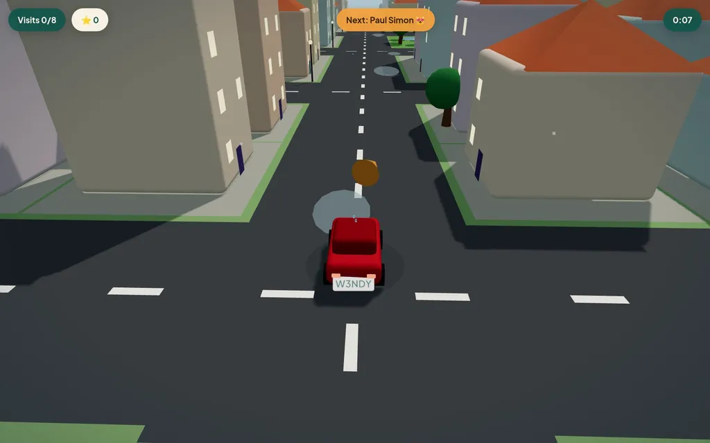 Cat Sitter Simulator gameplay — driving to the next cat with the visits counter and score on screen