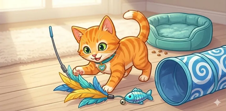 Winston, the Wendy's Cat-Sitting mascot, playing with a feather wand toy