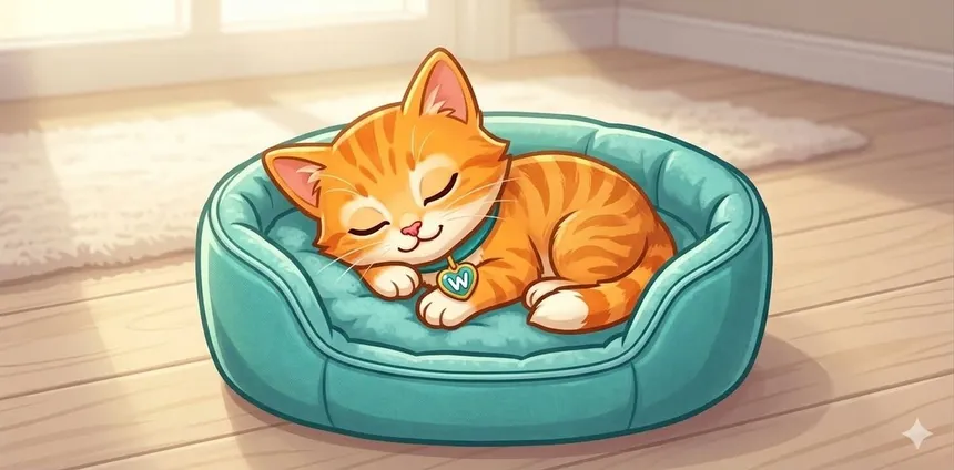 Winston, the Wendy's Cat-Sitting mascot, asleep in a teal cat bed